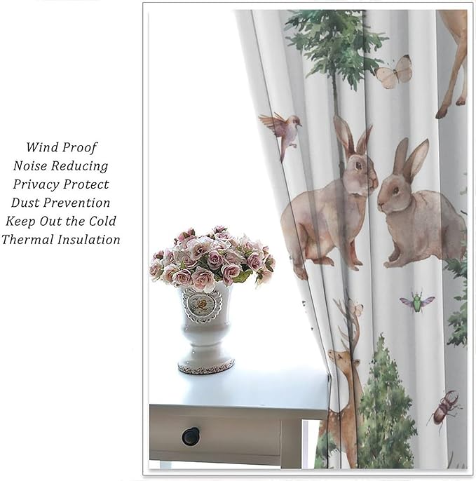 YCness Forest Animal Curtains, Wild Animals Watercolor Woodland Bear Rabbit Cartoon Window Treatments for Kids Bedroom Living Room Kitchen Living Room Drapes, 63x72 Inch