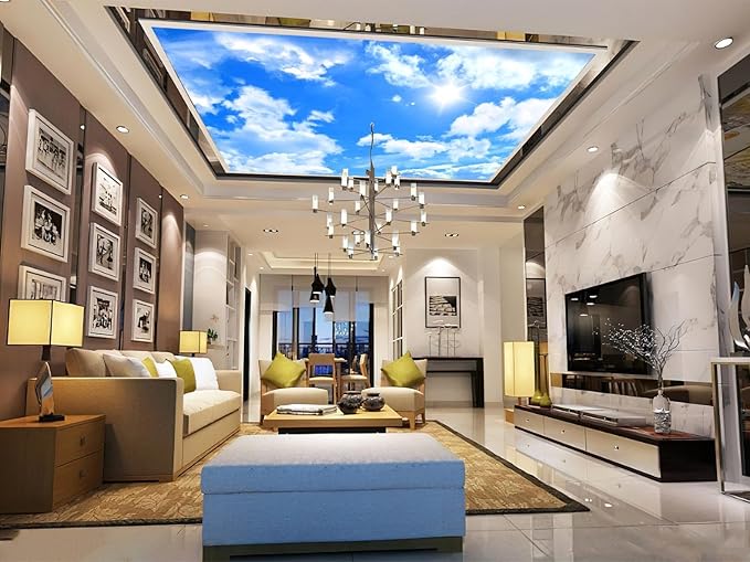 Blue Sky and White Clouds Suspended Ceiling Wall Mural Wallpaper for Bedroom