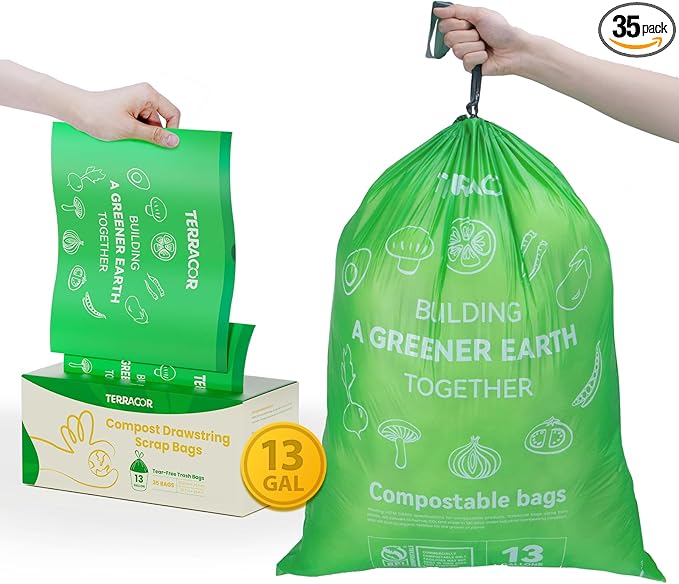 13 Gallon Compostable Trash Bags Liners Drawstring, Heavy Duty Extra Thick 1 Mil, 49.21 Liter, 35 Bags, Tall Kitchen Food Scrap Waste Bag, ASTM D6400