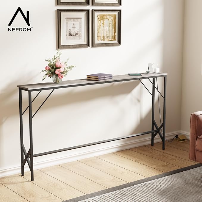 63'' Console Table, Skinny Entryway Table with Fast-Charging Station, Narrow Long Sofa Table, Behind Slim Couch Table for Entrance, Hallway, Living Room Decor ST-GY160-1