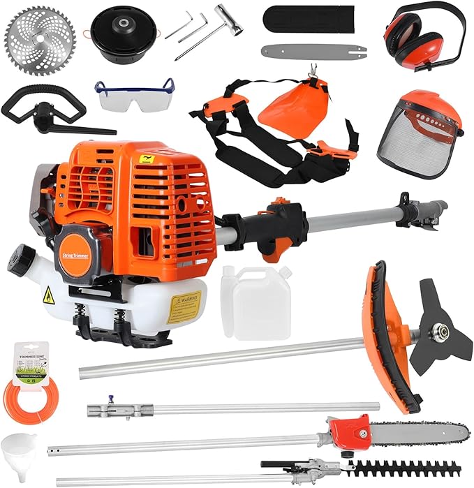 2025 New Gas Weed Wacker - 52cc 2-Stroke 5 in 1 Multi-Functional Lawn Mower Hedge Trimmer Pruners Gas Powered Brush Cutter, Handheld Weed Eater for Garden and Yard Lawn Orange