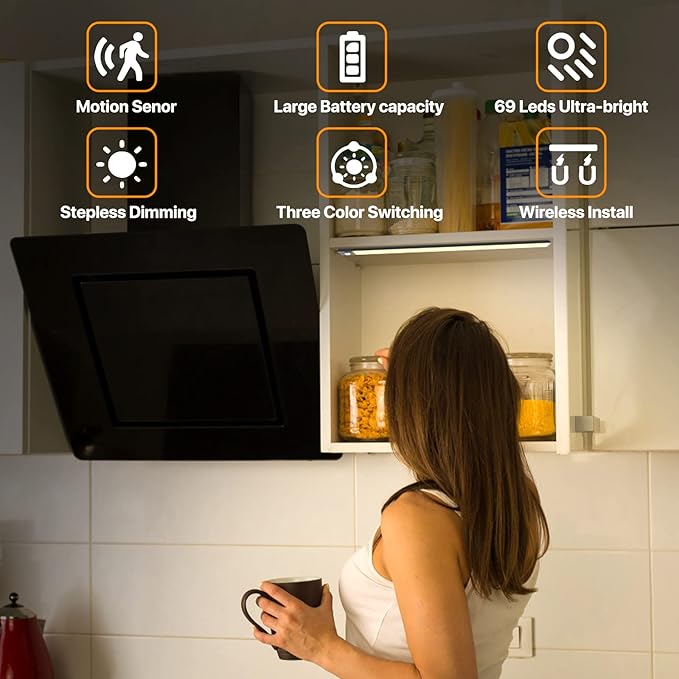 69 LED Under Cabinet Lighting 4 Pack, 3-Color Dimmable Motion Sensor, 3000mAh