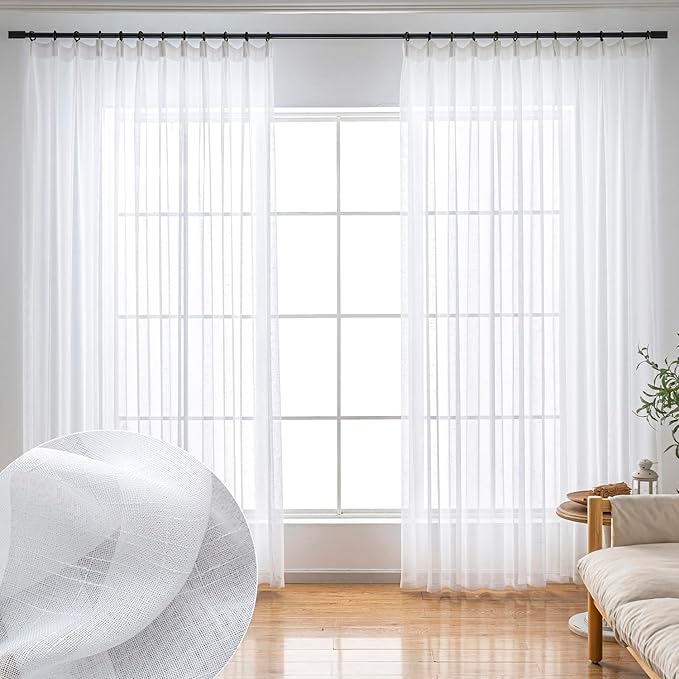 White Sheer Curtains 90 Inches Long 2 Panels, Thin Textured Linen Look Drapes for Living Room, Rustic See Through Window Treatments Decor, DIY Pinch Pleat Sliding Glass Door Curtain