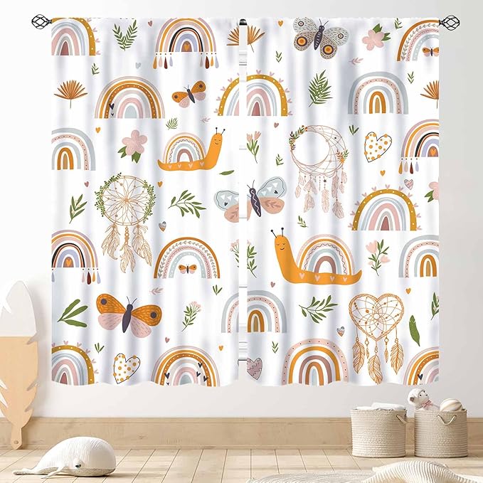 Boho Rainbow Curtains for Girls Bedroom, Bohemian Cute Lovely Butterfly Floral Rainbow Print Pastel Baby Kids Girls Bedroom Living Room Nursery Playroom Classroom Curtains for Windows, 84"x63" Inch
