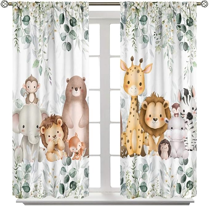 Kids Safari Animal Curtains Woodland Wildlife Jungle Animals Blackout Window Treatments for Boys Girls Bedroom Cute Cartoon Lion Nursery Children Drapes for Living Room W42xL54