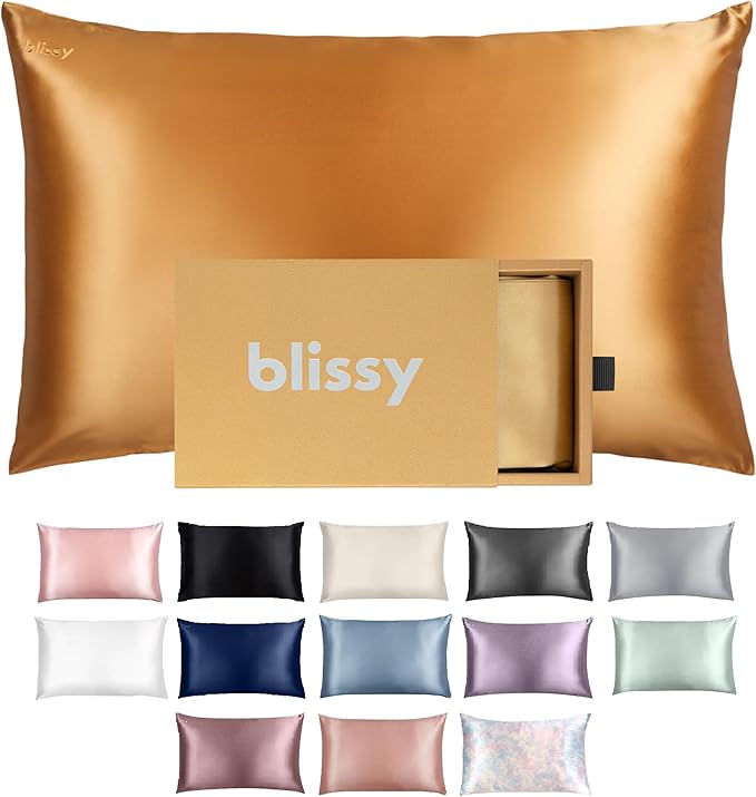 Blissy Silk Pillowcase - 100% Pure Mulberry Silk - 22 Momme 6A High-Grade Fibers - Silk Pillow Cover for Hair & Skin - Regular, Queen & King (Gold, Queen)