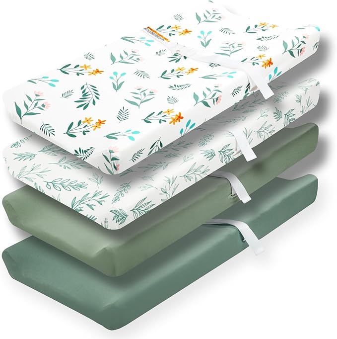 4 Pack Sage Green Fitted Nursery Sheets Breathable Neutral Unisex Baby Sheets for Boys or Girls with Leaf and Flower Design (Changing Pad Cover)