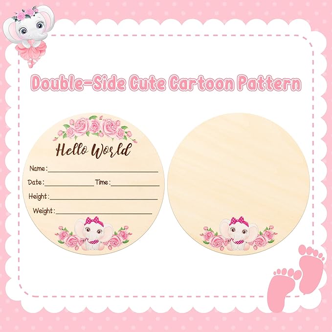 R HORSE Baby Birth Announcement Sign with Marker Pen, Pink Elephant Baby Name Sign with Ink Pad for Hand and Footprints, Wooden Hello World Newborn Announcement Nursery Decor Keepsake Gifts