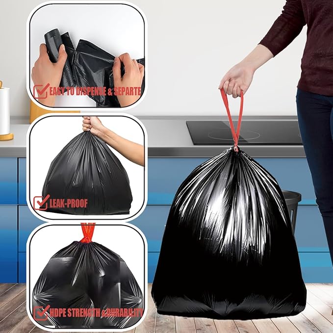 13 Gallon Trash Bags Drawstring, 50 Count Bulk, Black & Unscented Garbage Bags, Multi-purpose Tall Kitchen Trash Bags Can Liners for Business Home Commercial and Industrial