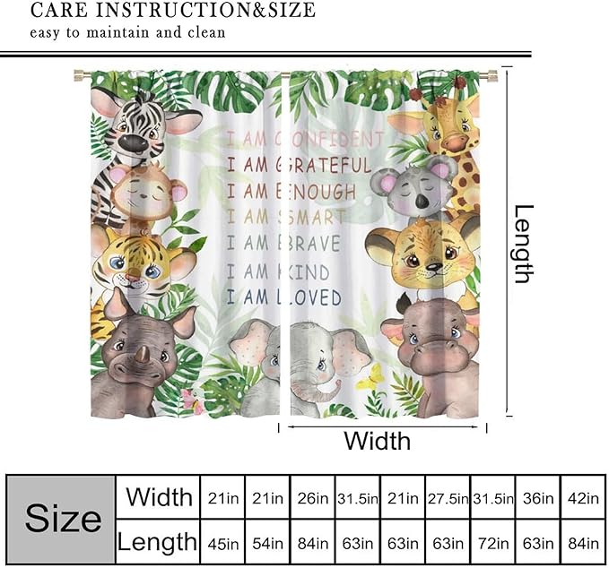 Cartoon Safari Animal Curtains Cute Watercolor Wildlife Jungle Window Treatments for Kids Boys Girls Bedroom Living Room Inspirational Motivational Quotes Nursery Children Drapes W52xL84