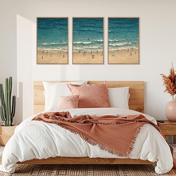 HLNIUC Summer Beach Canvas Wall Art,Modern Minimalist Coastal Landscape Wall Decor Set of 3(16”x24”) Blue Abstract Ocean Wall Painting, Summer Swimming in the Sea Art Print for Living Room,Bathroom