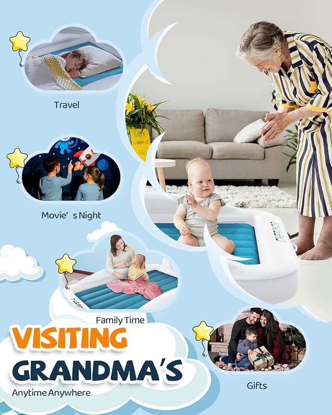 Toddler Air Mattress with Electric Pump, Inflatable Toddler Travel Bed with Safety Sides, Portable Kids Blow Up Mattress for Travel, Camping Grandma Sleepovers Playing Air Bed, Gift for Kids