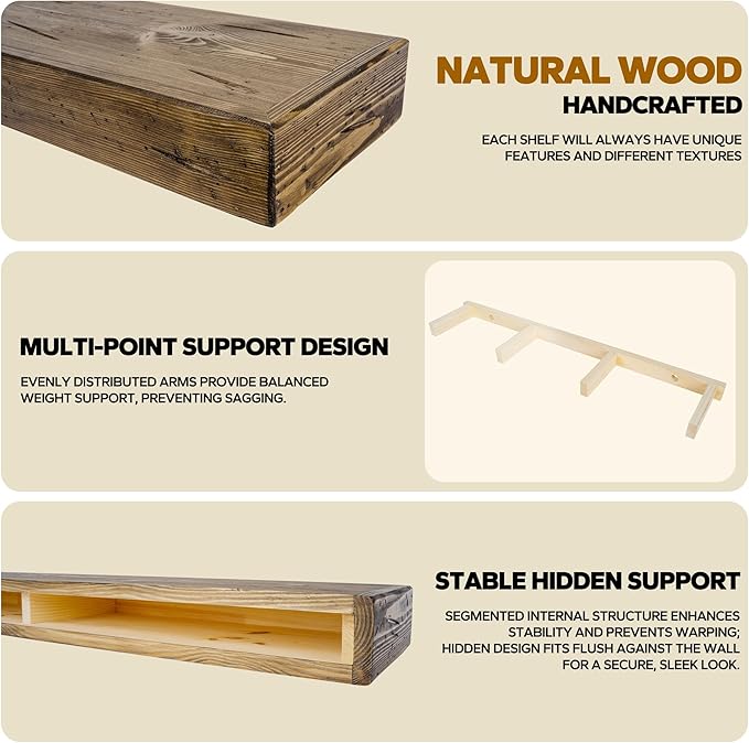 Floating Shelves 3 inch Thick for Wall Set of 2,Solid Pine Wood Wall Mount Shelf for Kitchen Living Room Bedroom Bathroom,8" D x 36" L x 3" H-Distressed Black Walnut