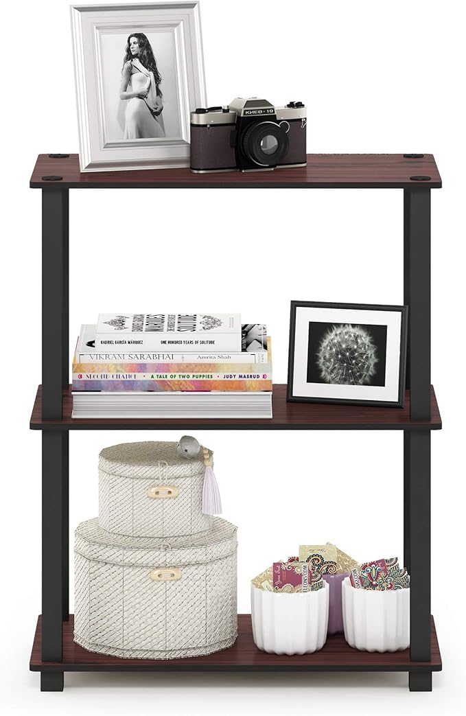 Furinno Turn-S-Tube 3-Tier Compact Multipurpose Shelf Display Rack with Square Tube, Dark Cherry/Black