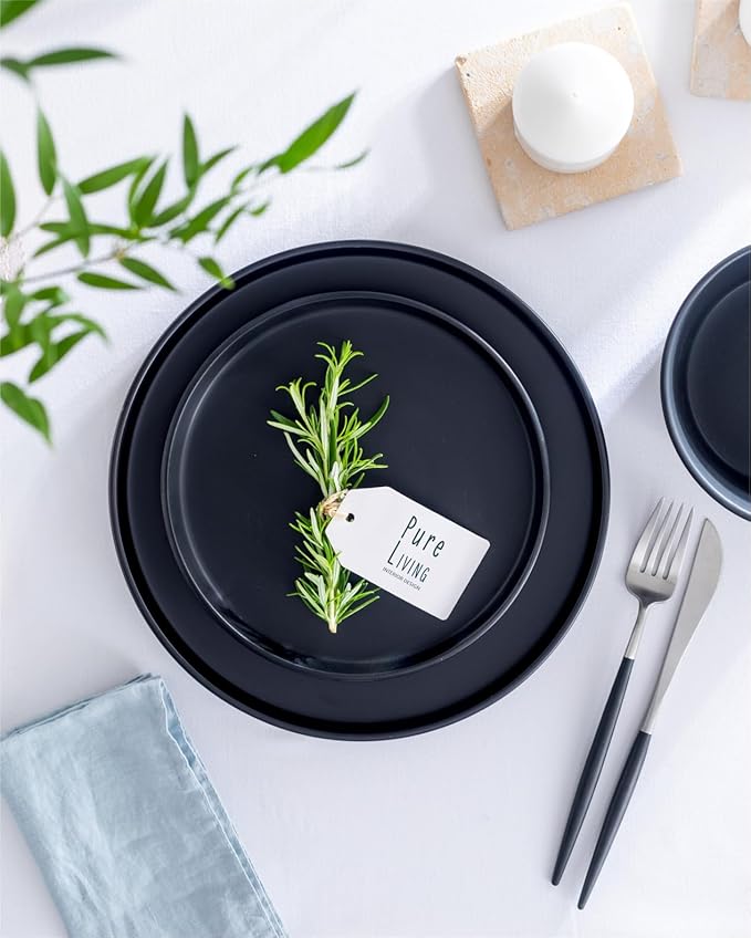 Stoneware dinnerware set 4 persons 12 pcs – Matte black plates and bowls set – Dishwasher, microwave and scratch resistant – Bowl and plate set – Dinner service Pure Living