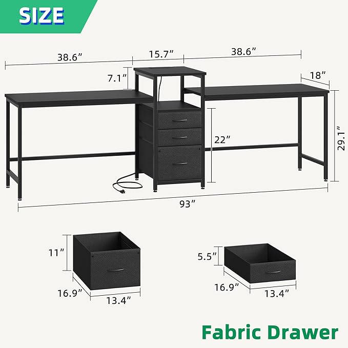 93'' Two Person Desk with Charging Station, Long Desk with 3 Drawers and Printer Shelf, Double Computer Desk, Fabric Drawers, 2 Person Writing Study Table Workstation for Home Office, Black