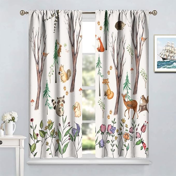 Forest Animal Kids Curtains, Watercolor Cartoon Window Treatments, Cute Animal Floral Girl Toddler Home Bedroom Living Room Drapes 55x63in