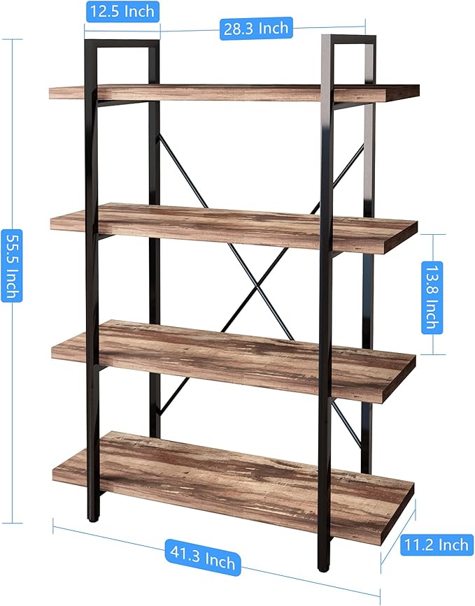 45MinST 4-Tier Vintage Industrial Style Bookcase/Metal and Wood Bookshelf Furniture for Collection,Vintage Brown, 3/4/5 Tier (4-Tier)
