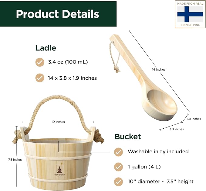 Sauna Bucket and Ladle Set - Handmade from Finnish Pine Wood - Natural Rope Handle - 1 Gallon (4 Liters) Water Capacity