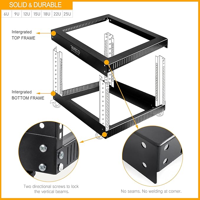 RIVECO 6U Open Frame Server Rack with Wheels- Heavy Duty 4 Post Quick Assembly 19-inch Support 600KG Equipment Home Network Cabinet Black