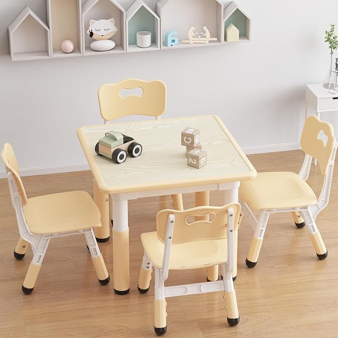 GarveeHome Toddler Table and 4 Chairs Set with Graffiti Desktop, Height Adjustable Kids Table and Chairs Set with Storage, Non-Slip Legs, Kids Activity Table for Home, Nursery, for Age 2-10
