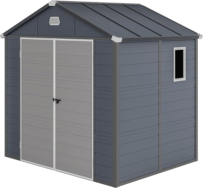 DWVO 8x6.2FT Outdoor Storage Shed w/o Floor, All-Weather Plastic Shed with Lockable Doors, Window & Vents, Plastic Tool Shed for Backyard, Patio, Poolside, Lawn, Gray