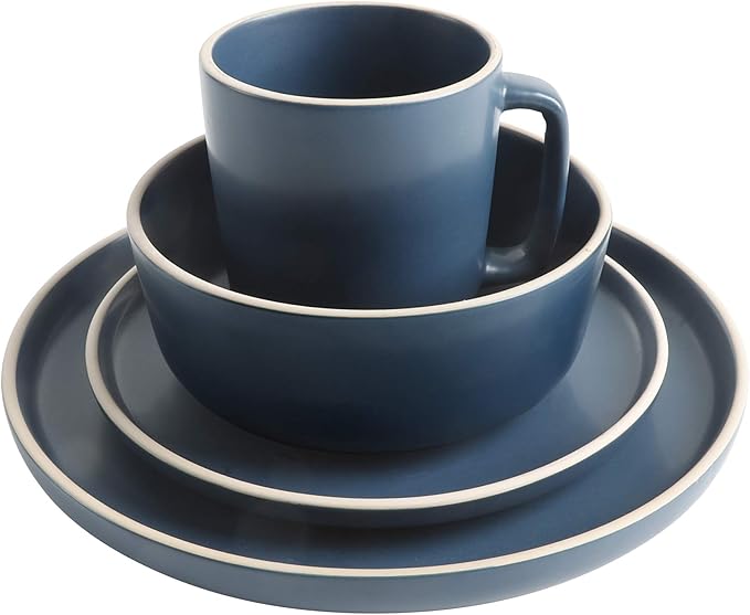 Gibson Home Zuma 16 Piece Round Kitchen Dinnerware Set, Dishes, Plates, Bowls, Mugs, Service for 4, Matte Stoneware, Cobalt Blue (127342.16R)