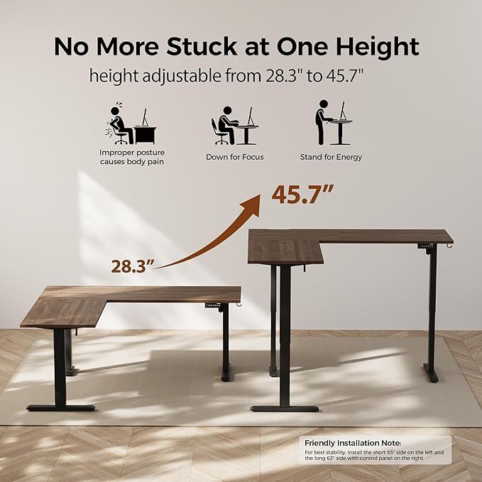 Agilestic 75 Inch L Shaped Standing Desk Adjustable Height, Corner Standing Desk, Sit Stand Up Computer Table, Splice Board, Dark Walnut