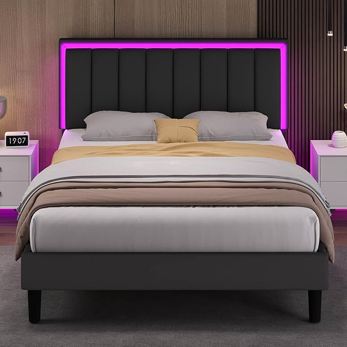 Queen Bed Frame with LED Lights, Upholstered Bed Frame Queen Size with Headboard