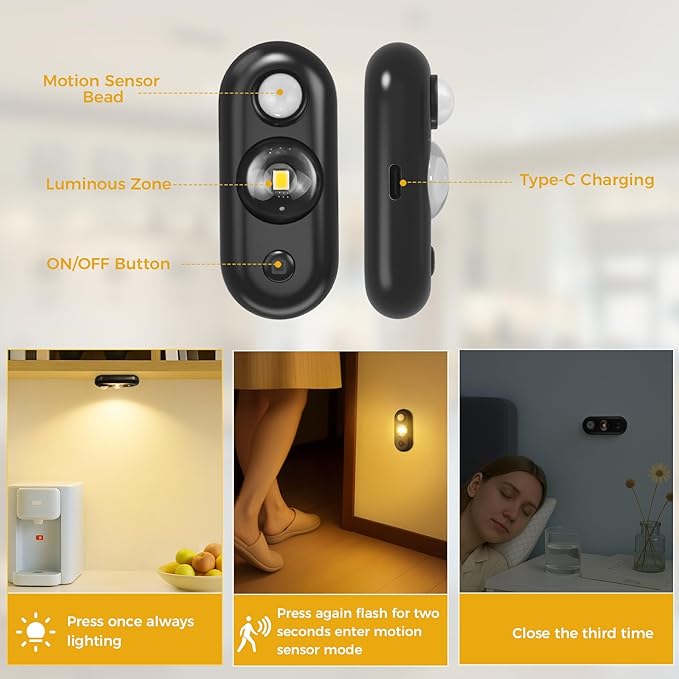 LED Motion Sensor Puck Lights, Small Rechargeable Under Cabinet Light, Dimmable