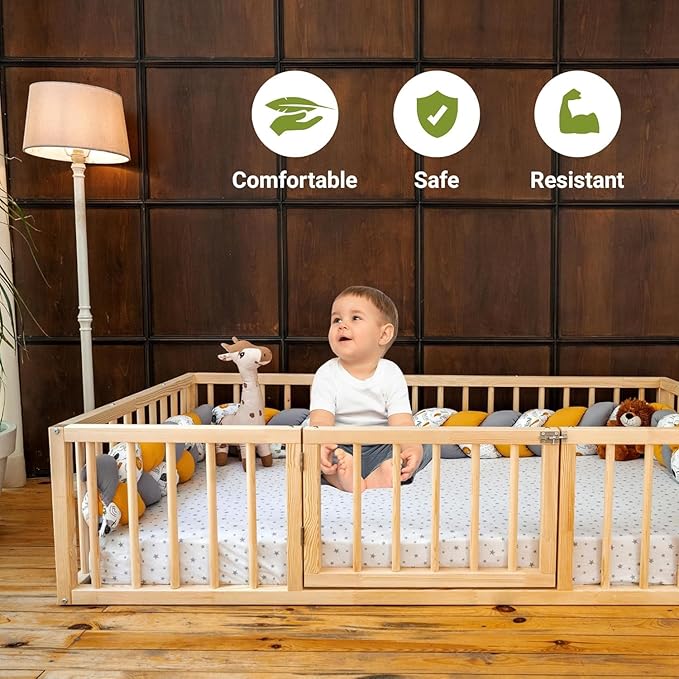 Montessori Floor Bed with Door On The Right Side for Toddler | Pine Wood Natural Solid Frame Beds | Sturdy Modern Design Floor Bed Frame for Boy and Girls (Crib, Height: 19 Inches)