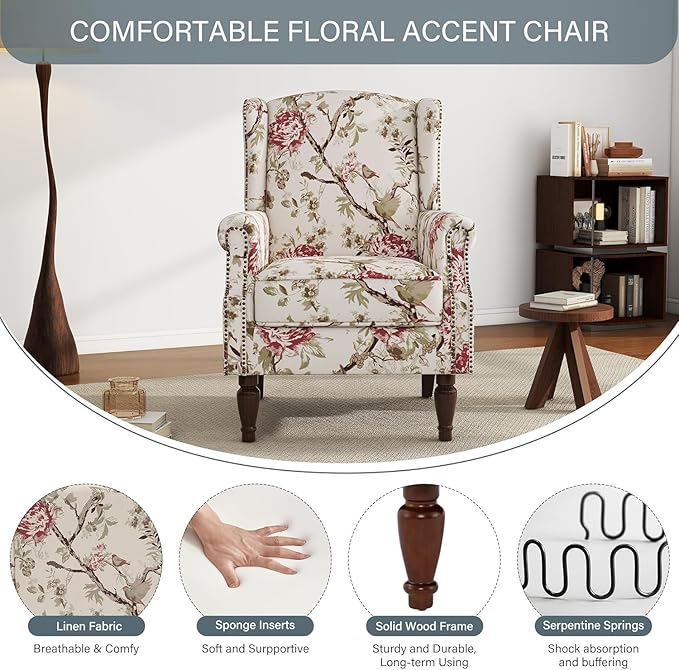 UIXE High Back Accent Chairs Set of 2, Fabric Upholstered Armchair for Living Room, Retro Printed Wingback Arm Chair Rivet Trimed Single Sofa Bedroom Reading Seat - Beige Floral