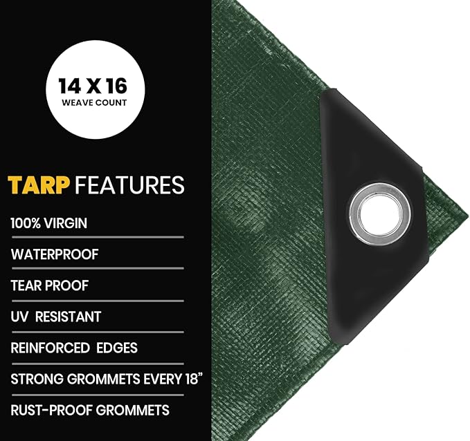 PROTARP Extra Heavy Duty 16 Mil Tarp Cover, Waterproof, UV Resistant, Rip and Tear Proof, Poly Tarpaulin with Reinforced Edges for Roof, Camping, Patio, Pool, Boat. (Green/Black 24′ X 64′)