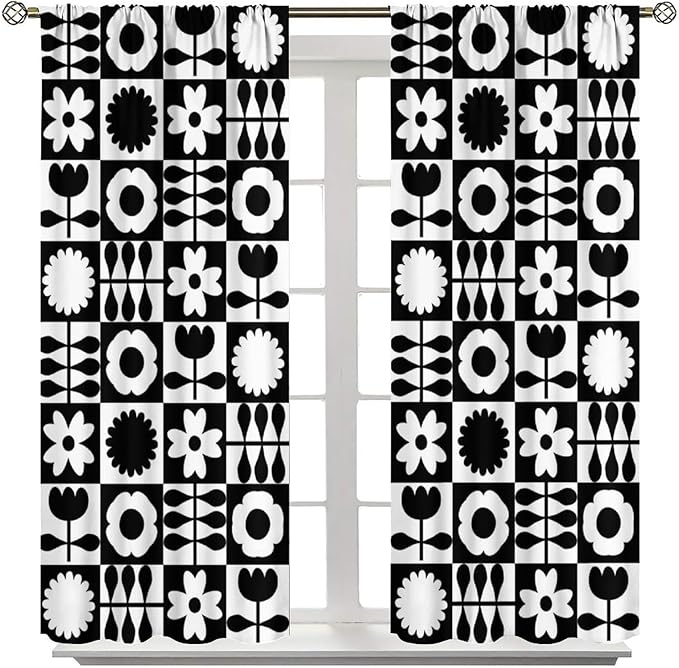 Mid Century Geometric Floral Curtains,Vintage 70s Window Treatments for Boys Girls Kids Bedroom Curtains,Boho Black and White Floral Curtains 42"" W X 54"" L, Style-10