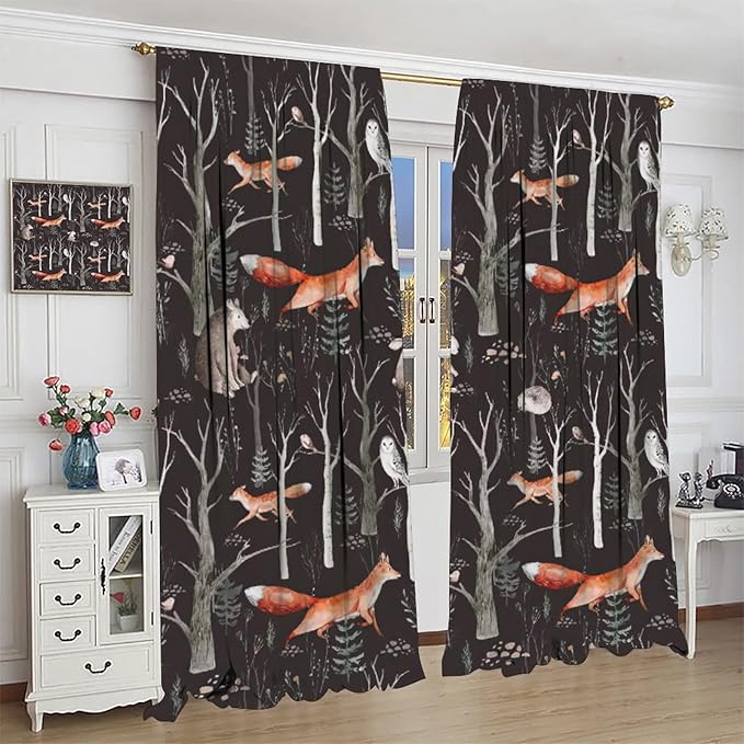 Rustic Forest Curtain, Woodland Country Hunting Animal Deer Fox Wildlife Bear Farmhouse Lodge Cabin Blackout Rod Pocket Windows Door Curtain for Bedroom Living Room Home Decor 72x63in