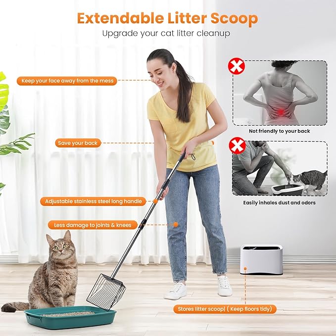 Metal Cat Litter Scoop with Holder, 43" Extendable Long Handle Cat Scooper for Litter Box, Solid & Durable, Deep Shovel for Fast Sifting, Large Pet Pooper Scooper for Kitty/Outside Dog Poop