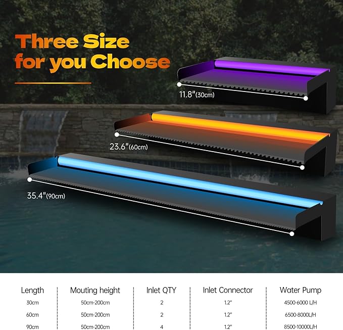Pool Waterfall Spillway Stainless Steel Pond Fountain, APP Control Colorful LED Lighted Outdoor Black Fountains, Water Flow Spillways Kit for Koi Pond, Swimming Pool, Garden-35.4"x7.8"x3.9"