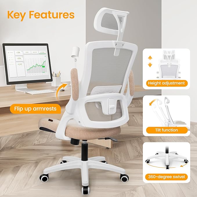 NEO CHAIR Ergonomic Office Desk Chair High Back Computer Gaming Mesh Chair with Comfy Task Adjustable Arms Lumbar Support Headrest Swivel for Home Office (Beige)