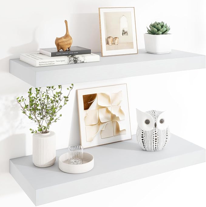 Heimlove 12" Deep Floating Shelves, 36 x 12 Inch Wall Mounted Long Floating Shelf with Invisible Brackets, for Home Decor, Bedroom, Kitchen, Living Room, Bathroom - 2 Pack, White
