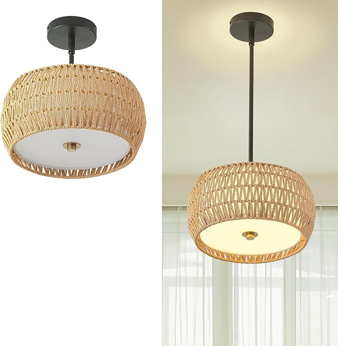 Rattan Pendant Light Kitchen Island,12.8" Hand-woven Modern Semi Flush Mount Ceiling Light Fixture,Boho Woven Lamp Shade Chandelier,Adjustable Farmhouse Hanging Light for Bedroom Bar Hallway