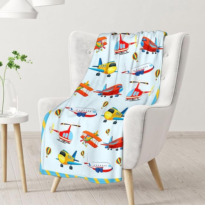 Airplane Throw Blanket Gift - 30" x 40" Inches Lightweight Warm Blanket for Lap, Couch, Office - Blue Cartoon Throw for Boys Kids