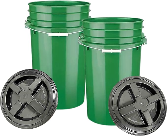 House Naturals 7 Gallon Large Green Food Grade - BPA Free- Made in USA Bucket Pail Container with Black Screw On Gasket lid (Pack of 2)