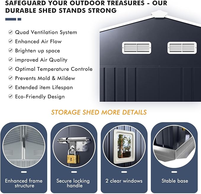 Metal Shed 10x10x7 FT with Floor Kit, Enhance Your Space with Natural Lighting, Outdoor Storage Steel Sheds with Base, Windows, Translucent Roofs, and Lockable Doors, Ideal for Garden & Patio