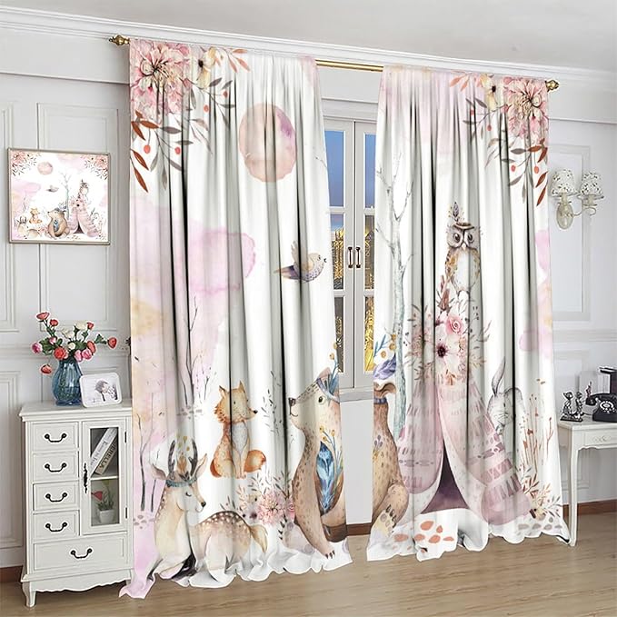 Forest Animal Curtains for Kids, Pink Watercolor Woodland Animal Window Treatments Fox Deer Owl Wildlife Safari Jungle Bear Window Drapes for Girls Nursery Toddler Bedroom 84x84in