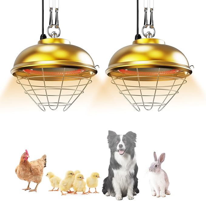 2-Pack Heat Lamp for Chickens, 170W & 350W Adjustable Heating Temperature and Hanging Height, Chicken Coop Brooder Heater, Carbon Fiber Heating Lamp for Chicks, Ducks, Rabbits, Cats, Dogs, Livestocks