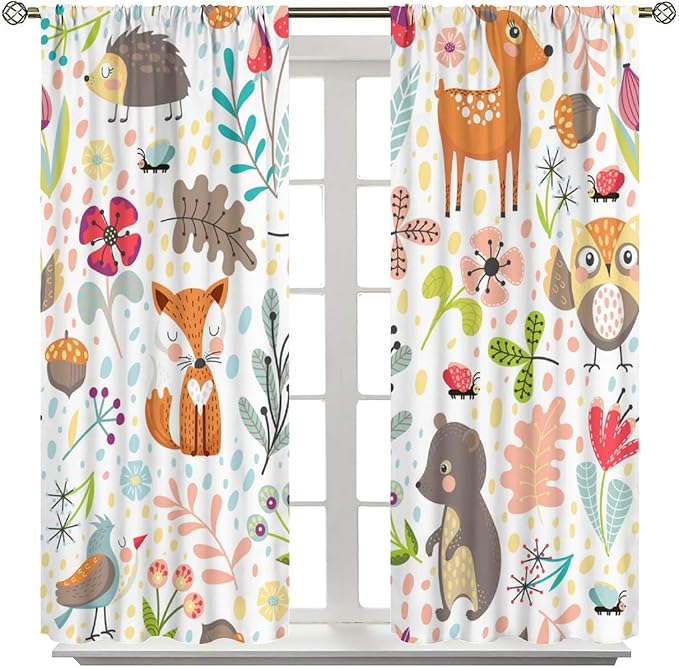 Jungle Animals Curtains, Cute Cartoon Animals Branches Blackout Window Treatments, Rod Pocket Thermal Insulated Drapes 2 Panel Sets for Kids Bedroom Nursery Classroom, 42" W X 45" L