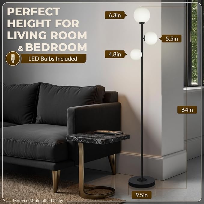 3 Globe Floor Lamps for Living Room, Mid Century Modern Standing Lamp