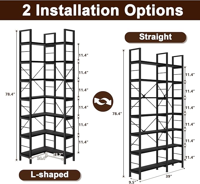 7-Tier Corner Bookshelf, Reversible Wooden Shelves, Industrial Bookcase with Open Shelves and Sturdy Metal Frame, Display Shelf Storage Rack for Living Room, Bedroom, Home Office (Black)