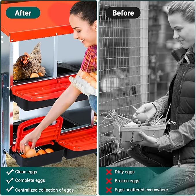 Chicken Nesting Box, 10 Compartments Roll Away Eggs Laying Boxes, Cleanable Pull Out Hen Roosting Boxes with Mental Leg, Durable & Easy to Install, Red