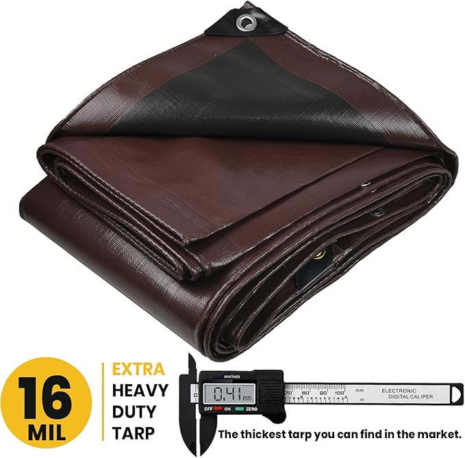 PROTARP Extra Heavy Duty 16 Mil Tarp Cover, Waterproof, UV Resistant, Rip and Tear Proof, Poly Tarpaulin with Reinforced Edges for Roof, Camping, Patio, Pool, Boat. (Brown/Black 12′ X 20′)